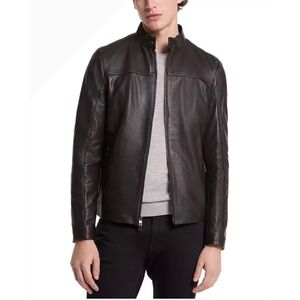 Michael Kors Mens Leather Racer Jacket Dark Brown Stand Collar Zip Pocket XL